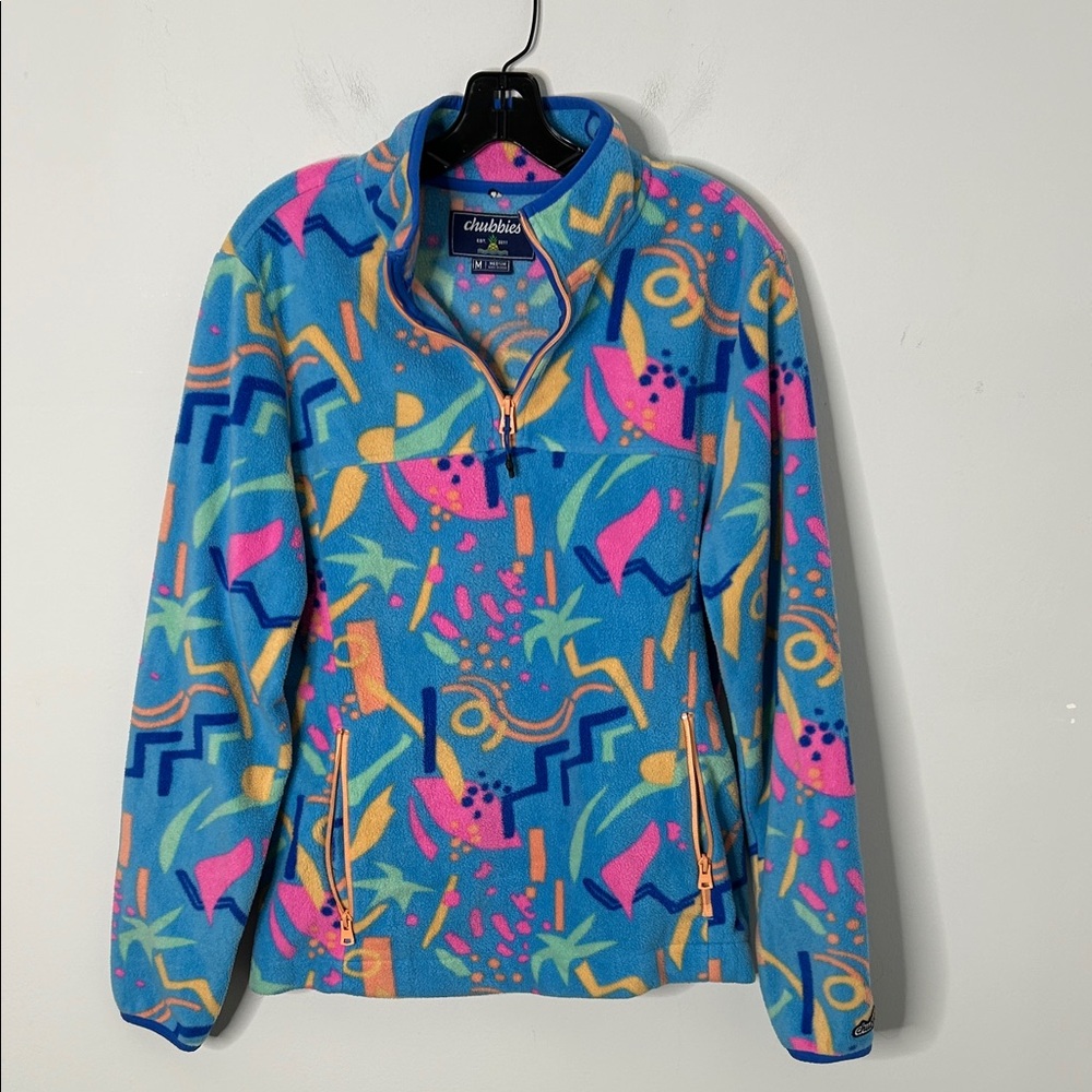 chubbies Bright Blue Fleece Zip-Up Sweater with Pink & Yellow Print